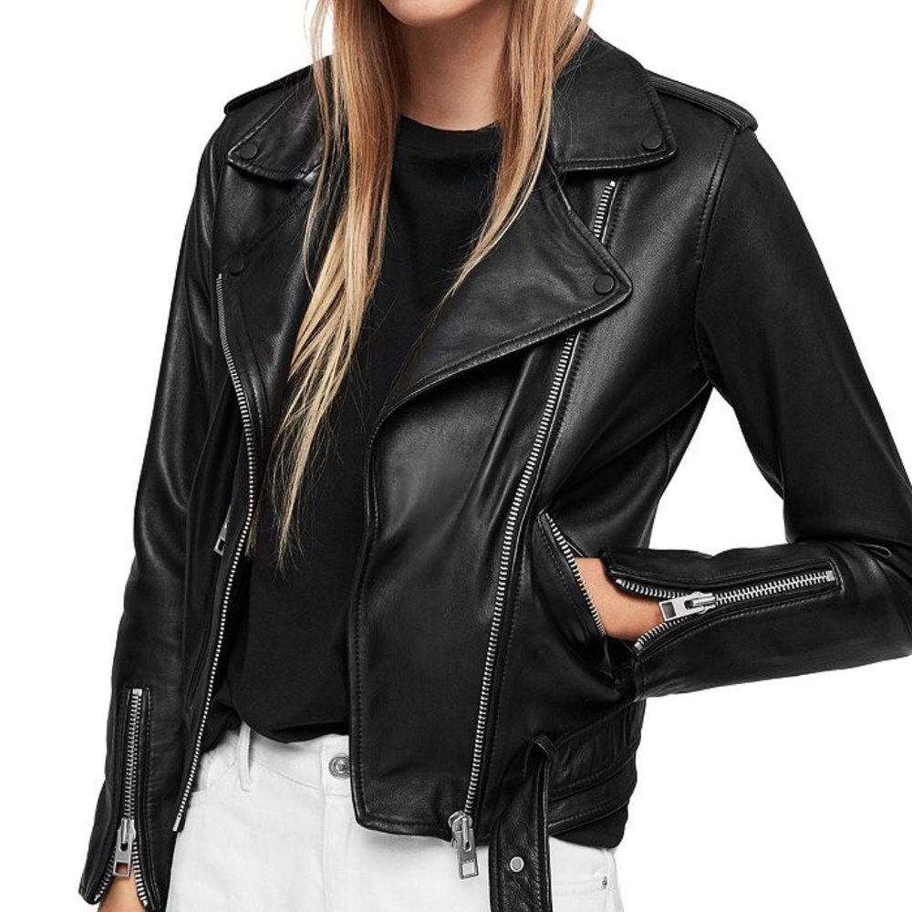 AllSaints Balfern Black Leather Moto Jacket Sz 2